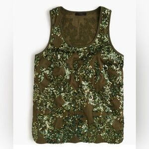 NWT J. Crew Cotton, Olive Green, Iridescent Sequin Tank Top, Scoop Neck, Size 00